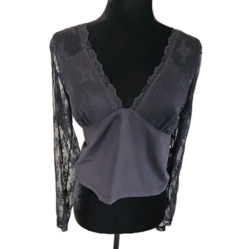 Free People Womens Black Cropped Long Sleeve Laced Of The Shoulder Top L